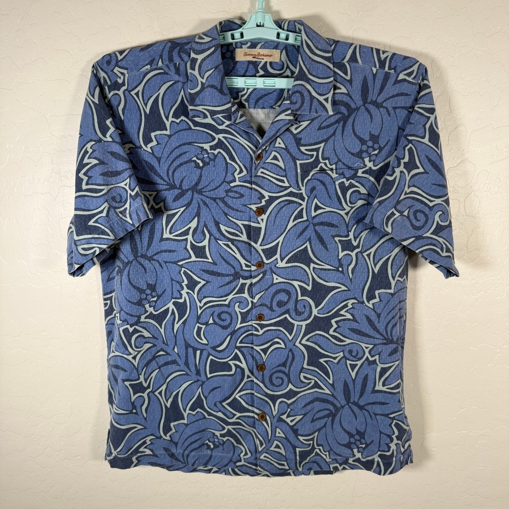 Tommy‎ Bahama Shirt Mens Large Blue Silk Floral Hawaiian Short Sleeve Camp Aloha